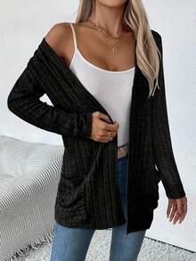 Áo khoác cardigan dài tay nữ màu trơn có sọc ở nách, chất liệu mềm mại, có túi gập, kiểu dáng mới thu đông, xuất khẩu xuyên biên giới châu Âu và Mỹ, màu đen mùa xuân. - màu đen - Xem 6