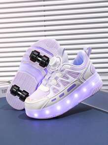 Zapatos de patines de ruedas para niños, zapatos de patinaje sobre ruedas para adolescentes, zapatos de patines de ruedas de cuero PU de doble rueda de 4 ruedas, zapatos con luces LED que se iluminan todo el año con carga USB, ruedas desmontables, patines de ruedas y patines de hielo 2 en 1