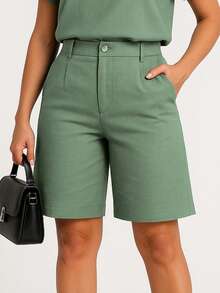 Women's Linen Set - Basic Blouse With Small V Neckline And Tailored Cycling Shorts | Elegance And Comfort - 薄荷綠 - 查看 7