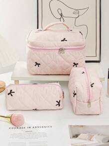1pc New Embroidered Bow Makeup Bag, High-Aesthetic, Minimalist, Versatile, Quilted Checkered Embroidered Bow Pattern Women Cosmetic Organizer Pouch, Daily Essentials Storage, Student Pencil Case, Suitable For Shopping, Travel, Portable,For Holiday Beach, Bathroom Collection, Bedroom Collection, Large Capacity