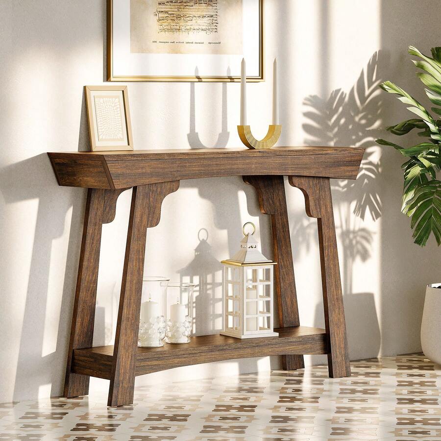 LITTLE TREE Mesa consola de 105 cm con almacenaje, mesa de entrada de madera de 2 niveles con estante, mesa de sofá estrecha de estilo rústico detrás del sofá para vestíbulo, pasillo, sala de estar, marrón rústico - Marrón - Ver 1