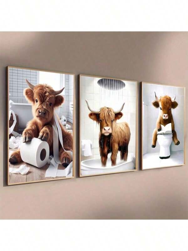 1/3pcs/Set Scottish Highland Cow Funny Bathroom Printed Canvas Poster, Farm Animal Humor, Fantastical Highland Cow Enthusiast Gifts, Wall Canvas Art, Animal Art,No Frames Include