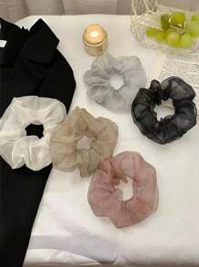 1pc Plain Elegant Large Hair Scrunchie, Women's Pearl Gauze Wrinkled Hair Tie Scrunchies Scrunchy Hair Ties