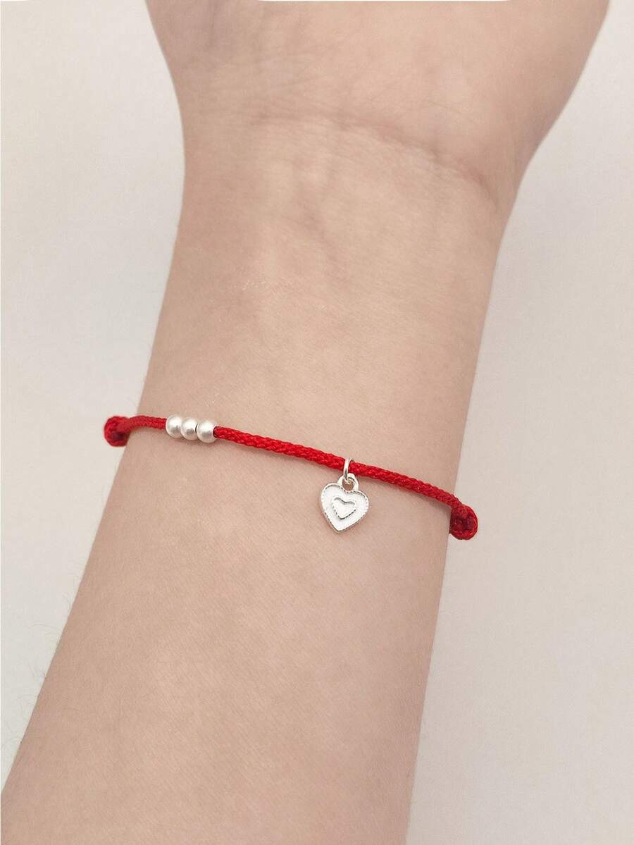 1pc 925 Sterling Silver Minimalist Heart Pendant With Silver Beads & Red Cord Bracelet, Simple & Lucky Accessory Gift For Women - Silver - View 1