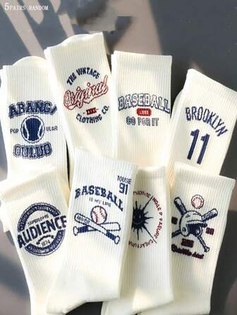 5 双女式吸湿排汗字母条纹印花时尚运动中筒袜，男女通用，秋季袜子