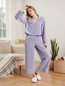 Women's 2 Piece Lounge Set Long Sleeve Lapel Button Up Shirt Pants Casual Sets