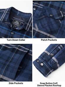 Cotrasen Men's Cotton Flannel Plaid Jacket Winter Warm Quited Lined Shacket Windproof Outwears With 5 Pockets - Blue Gray - View 5
