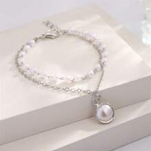 1pc Versatile Pearl Decor Double Layer Chain Pendant Bracelet For Women, Commuting, Daily, Dating