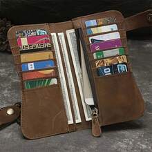 Men's Long Chain Wallet Bifold Wallet Leather Credit ID Cards Holder Biker Trucker Heavy Thick - Light Brown Tiger - View 2