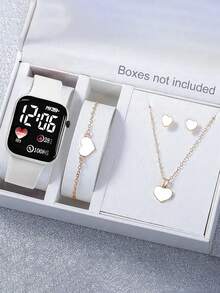 5件/套：1件新款LED数字显示方形电子表+4件时尚可爱爱心四叶草手链项链耳钉套装。万圣节、圣诞节、情人节、母亲节等节日礼物的最佳选择。