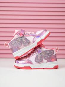 1 Pair Girls' Sweet Polyamide Princess Style Shoes With Butterfly Embroidery, Cute High Top Children Canvas Shoes With Shiny Leather Surface, Suitable For All Seasons, Colorful Outsole Sports Sneakers