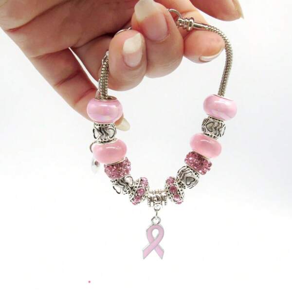 Pulseira de Contas com Furo Grande, Fita Rosa de Conscientização do Câncer de Mama de Outubro, Esperança e Amor, Corrente de Cobra