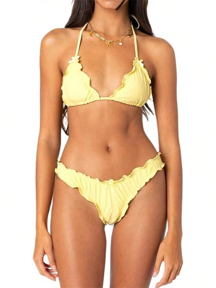 Alyweatry Women Y2K Bikinis Sets Coquette Aesthetic Bows Halter Tie Up Bikini Top High Cut Elastic Waist Bikini Bottom - 黃色有褶邊 - 查看 1