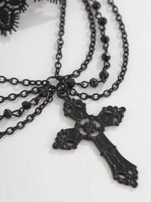 1pc Gothic Style Black Lace Choker Necklace With Cross Pendant & Tassels, Vintage Fashion Collar Necklace