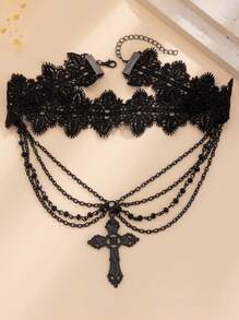 1pc Gothic Style Black Lace Choker Necklace With Cross Pendant & Tassels, Vintage Fashion Collar Necklace
