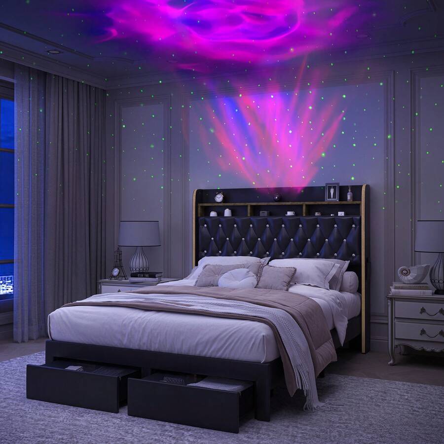 SIBEDS Black PU Leather Bed Frame With LED Lights, Storage Drawers, Galaxy Projector, Charging Station, Speaker, Aurora Lighting, 2-Tier Headboard, Noise-Free Design - 聚氨酯黑色 - 查看 1