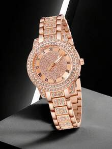 JasonRolls 5 Stück/Set Damen Rosegold-Ton Band Mode Luxus Römische Ziffern Quarz Armbanduhr Schmuckset, geeignet für täglichen Tragen, Dekoration oder Urlaubsgeschenk - Roségold - Übersicht 3