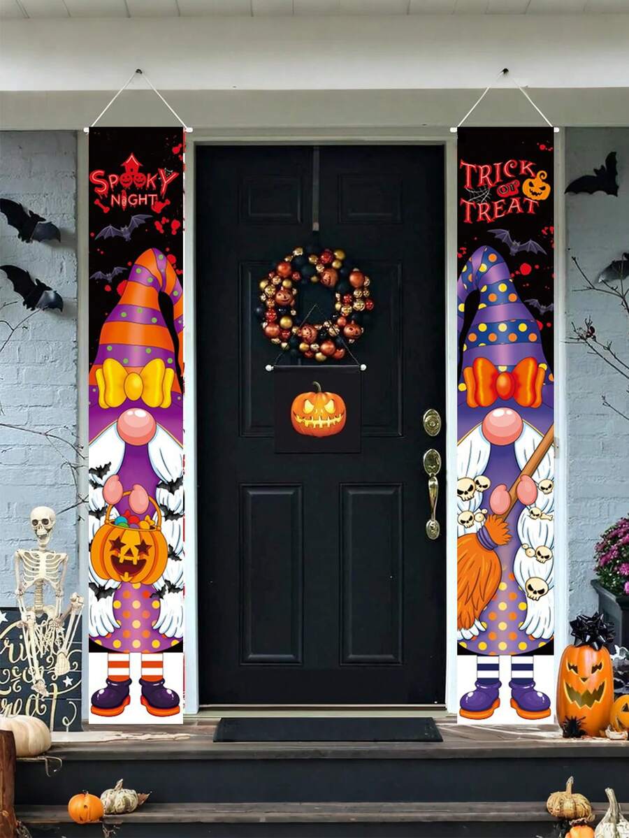 万圣节侏儒横幅 2 件 - 70*11 英寸悬挂横幅，用于门廊和派对装饰，适合室内和室外，万圣节派对背景装饰对联