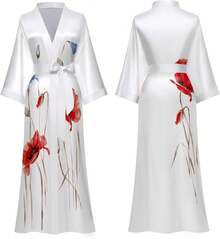 Daiwor Kout - de seda larga de satén japonesa para mujer, de baño suave y sedosa, ligera, de baño de verano - Blanco (blanco floral) - Ver 4