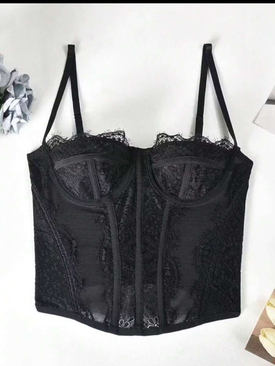 Lace Corset With Boning – Sexy Transparent Top In Fashion Lingerie Style" - 黑色 - 查看 1