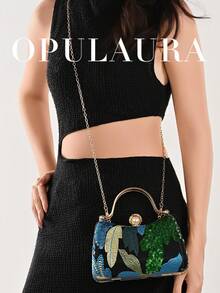 OpulAura Sequin Embroidered Floral Box Clutch, Women's Fashion Sequin Patchwork Handbag, Party Evening Bag, Random Cutting, Suitable For Women, Suitable For Party, Wedding, Formal Dance, Holiday. Highly Suitable For Party, Wedding, Formal Dance, Banquet/Gala, Paired With Holiday Party Dresses, Evening Gowns, And Sequin Dresses. - Green - View 8