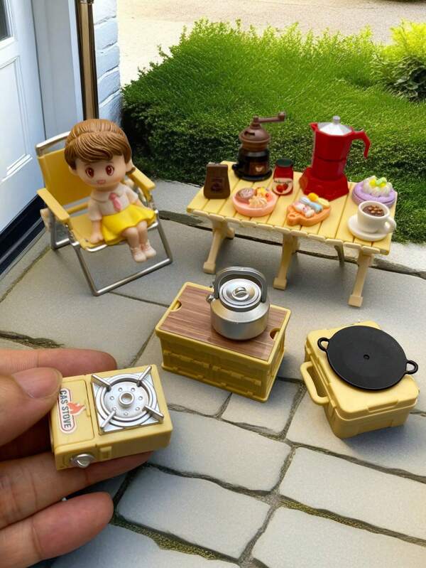 Miniature Outdoor Picnic Set, Including Seats, Stoves, Storage Boxes, Coffee Pots, Food, Suitable For Dollhouse Scenes, High-Fidelity Miniature Scale, With Characters, Food, Etc.Mini Stuff,Fairy Garden,Doll House,Mini Things,Doll Accessories