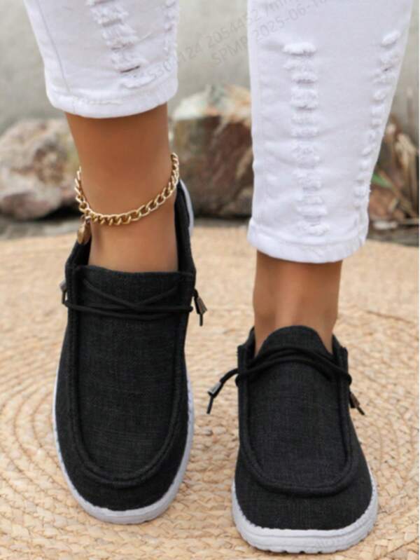 Women's Casual Black Canvas Shoes, Breathable Non-Slip Solid Color Canvas Material, Round Toe, Elastic Lace-Up, Easy To Wear And Take Off, Flat Comfortable Sportswear Shoes, Lightweight Work Shoes