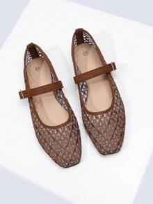 ADAMUMU Women's Fashion Square Toe Casual Party Office Buckle Strap Breathable Woven Hollow Mesh Comfortable Slip-On Flat Loafers, Mocha Brown