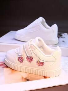 1 双心形水晶装饰钩环皮革表面女婴软底休闲运动鞋，舒适幼儿鞋 - 玫紅色 - 查看 5