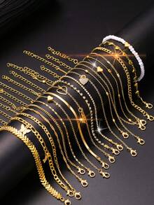 14pcs/19pcs/22pcs/Set Elegant Bohemian Style Metal Faux Pearl, Butterfly, Hollow Heart, Shell, Fish Tail Anklets Multi-Piece Suit, Ideal For Women Summer Beach Holiday Everyday, Perfect Gift For Anniversaries, Friends, Family - Yellow Gold - View 3
