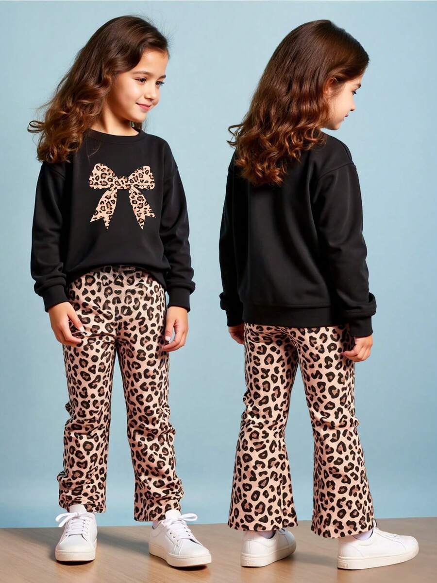 Sudadera de cuello redondo de manga larga con estampado de mariposas + Pantalones acampanados con estampado de leopardo de moda, adecuados para primavera/otoño - Negro - Ver 1