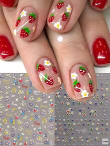 2片装春夏碎花美甲贴纸 - 多巴胺小花、雏菊、睡莲、五瓣花、草莓艺术设计，3D立体浮雕工艺，适合女性日常、婚礼、节日和度假，一次性自粘美甲贴纸，中国风，可爱，简约，清新主题，易于粘贴的美甲装饰贴纸