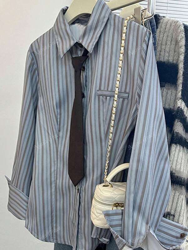 New Fall Styles, Back To School Striped Shirts With Free Ties, Y2K Style Back To School Shirts, Women's Tops For Party Role Play