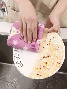 10pcs, Dish Cloth, Coral Velvet Cartoon Printed Double-Sided CleaningTowels, Scouring Pad, New Kitchen Printed Cleaning Cloth, SuperAbsorbent Wiping Cloth, Cleaning Supplies
