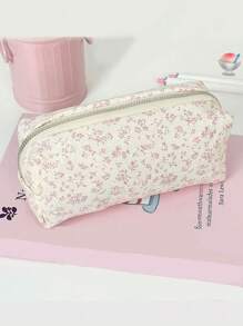 1Pc Floral Print Pencil Case, Back-To-School Stationery Organizer, Double-Sided Printed Pouch, Portable Multi-Functional Office & School Pencil Holder, Pencil Pouch, School Bag School Supplies, Back To School
