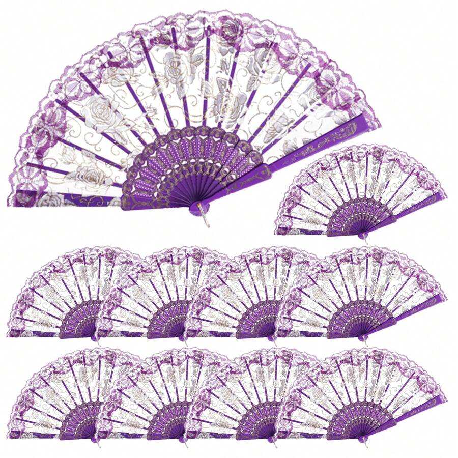 10-Pack Purple Rose Lace Folding Fans – Silk Handheld Fans For Weddings ...