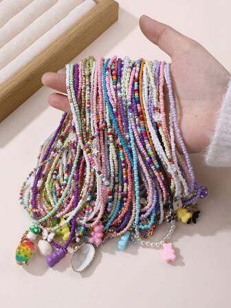 5/10/15/30 ชิ้น สร้อยคอประดับลูกปัดสีแบบสุ่ม, สร้อยคอสไตล์โบฮีเมียนสีโดพามีนสำหรับฤดูร้อน