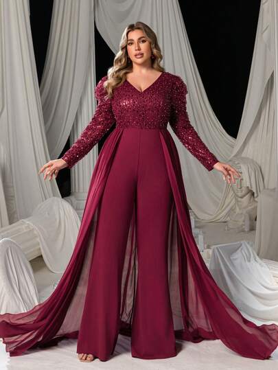 Plus Sparkly V-Neck Long-Sleeve Party Jumpsuit With Puff Sleeves, Wide-Leg Pants & Chiffon Overlay – Luxe Formal Design | Perfect For Galas, Weddings, Celebrations, And Upscale Evening Parties