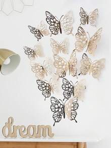 1 Set (12 Pcs) 3D Hollow Butterfly Stickers, Holographic Reflective Butterfly Decals, 3D Butterfly Decorations, Wall Decor Stickers, Realistic Props Iridescent Blue Butterfly, Fridge Magnets, Cake Decorations - Champagne - View 3