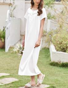 Camisón de mujer Ekouaer de algodón, camisón largo con mangas cortas, con bolsillos, botones y suave ropa de dormir