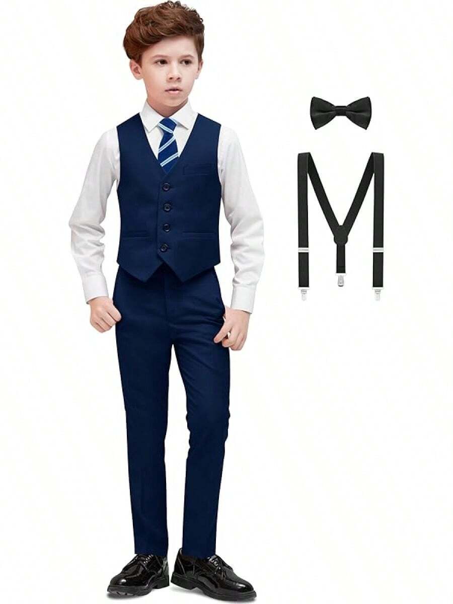 Boys Formal Suit Set - Suspenders Adjustable Waist Ring Bearer - Navy Vest - View 1