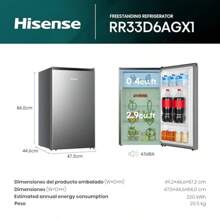 Hisense RR33D6AGX1 Frigobar3.3 pies cubicos Termostato ajustable Congelador independiente Estantes para botellas de 2 litros 48x45x84cm AnchoxLargoxAlto Gris