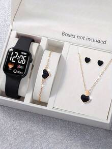 5件/套：1件新款LED数字显示方形电子表+4件时尚可爱爱心四叶草手链项链耳钉套装。万圣节、圣诞节、情人节、母亲节等节日礼物的最佳选择。