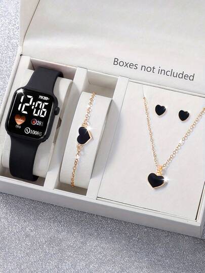 5件/套：1件新款LED数字显示方形电子表+4件时尚可爱爱心四叶草手链项链耳钉套装。万圣节、圣诞节、情人节、母亲节等节日礼物的最佳选择。