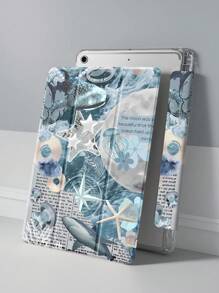 Beautiful Blue Turtle Jellyfish Shark Puzzle Style Pattern Transparent Silicone Shock-Absorbing Stand With Pen Slot, Suitable For Galaxy Tab A8 10.5, S6 Lite 10.4, S7/S8/S9Inch. It Supports Sleep Awakening As A Holiday Gift