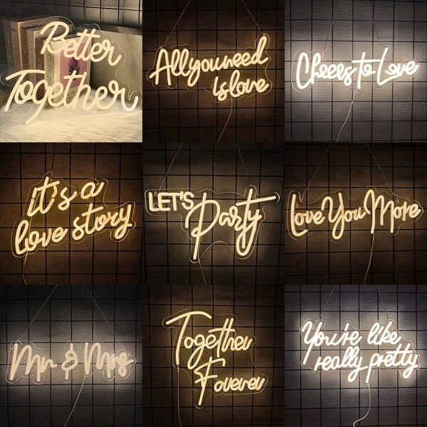 All You Need Is Love/Better Together/Cheers To Love/It's A Love Story/Let'S Party/Love You More/Mr Mrs/Together Forever/You'Re Like Really Pretty Neon Sign, Warm White Letter Shape LED Light, Home Decor, Suitable For Wall Room Decoration