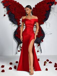 ADYCE 露肩开叉大腿褶皱侧边鱼尾下摆鸡尾酒会礼服，优雅舞会晚会婚礼宾客礼服，适合毕业典礼、晚宴优雅婚礼宾客礼服女 - 紅色 - 查看 1