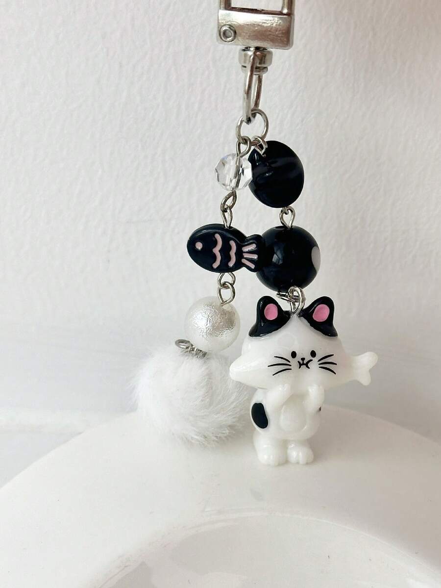 1 件男女通用新款韩版可爱吃鱼猫钥匙扣卡通小鱼星毛绒球串珠手机绳背包汽车钥匙扣，派对/生日/节日礼物背包学校汽车配件哥特 Y2k