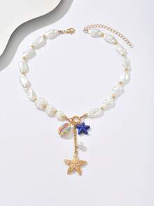 1 件优雅波西米亚巴洛克风格人造珍珠、金色海星、天然印花贝壳、陶瓷蓝色海星多吊坠 Y 型项链，适合女士，人造珍珠和 CCB 串珠多层项链，配复古银色心形吊坠 - 彩色 - 查看 3