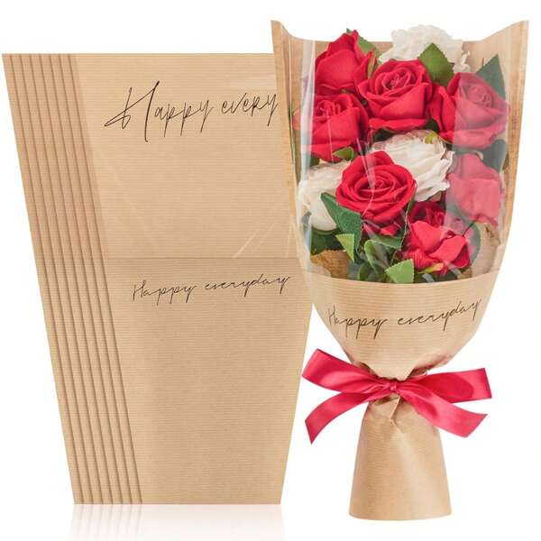 20 piezas Bolsas para ramos de flores, 11"X 17.3" (28 X 43 Cm) Papel kraft transparente frontal para envolver flores para florería, color marrón/café, adecuado para el Día de San Valentín, Día de la Madre, Día del Maestro